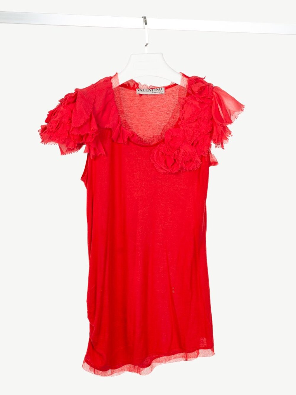 Valentino T-Shirt Couture Red Jersey Rosette Flutter-Sleeve T-Shirt